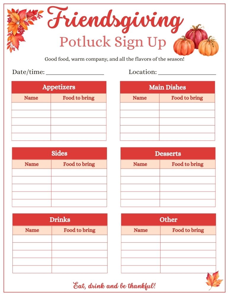 Friendsgiving Potluck Sign Up Sheet 2