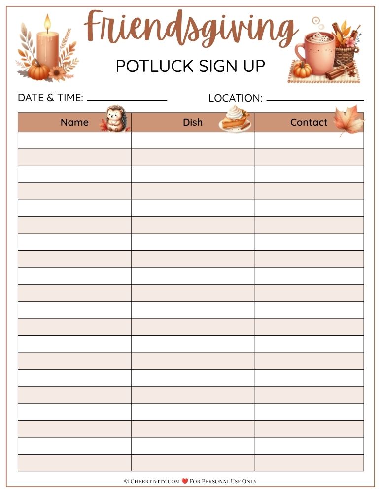 Friendsgiving Potluck Sign Up Sheet 3