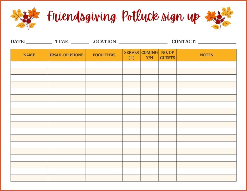 Friendsgiving Potluck Sign Up Sheet 4