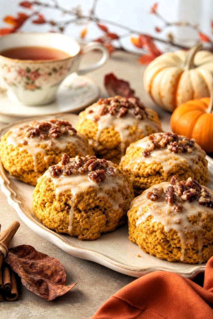 Glazed pumpkin scones topped with candied pecans on an autumn tea party table.