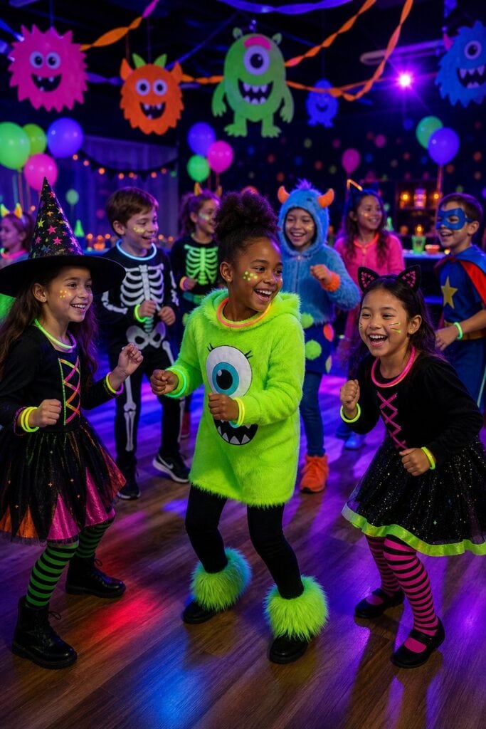 Children in colorful Halloween costumes dance at a glowing monster-themed party.
