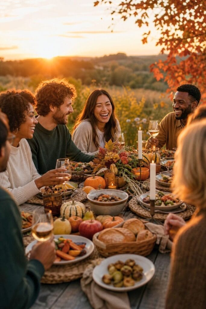 Friends gather around a harvest table outdoors during golden hour.