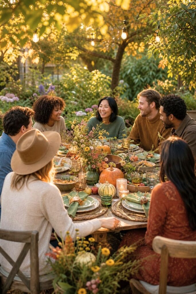 Friends gather around a decorated outdoor table for a festive autumn meal in a garden.