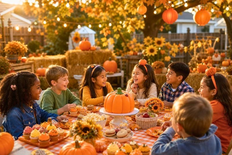 Children enjoy an autumn pumpkin-themed party around a decorated table outdoors.