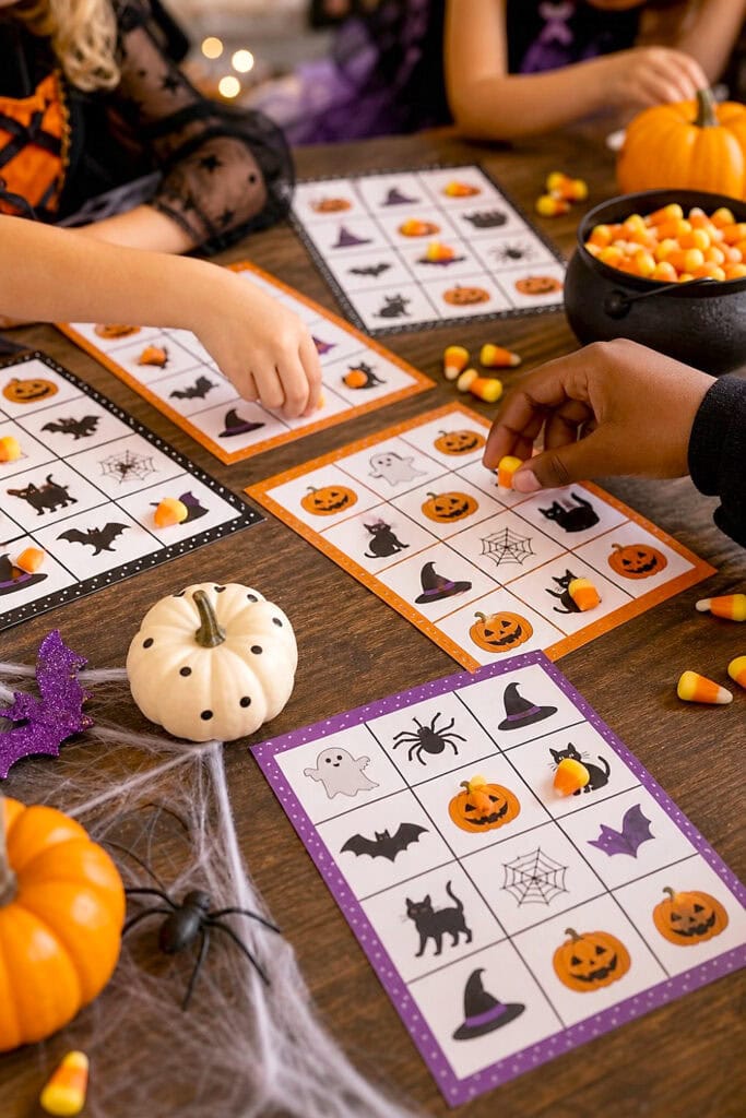 Children play Halloween bingo using candy corn markers at a decorated party table.