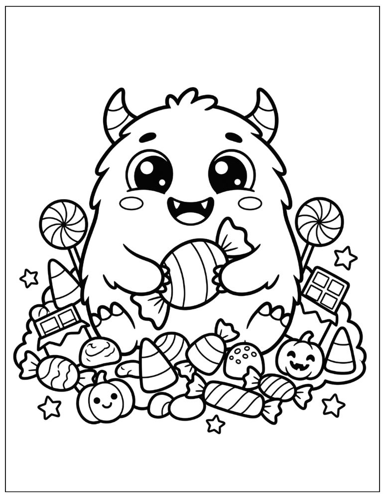 Cute Halloween monster sitting in a pile of candy and holding a large wrapped sweet with candy corn, lollipops, pumpkins, and stars, black and white coloring page.