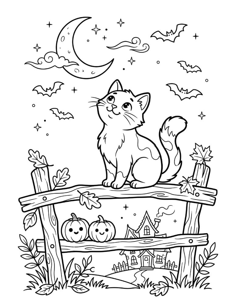 Cute Halloween cat sitting on a crooked fence beneath a crescent moon with pumpkins, bats, stars, and a haunted house, black and white coloring page