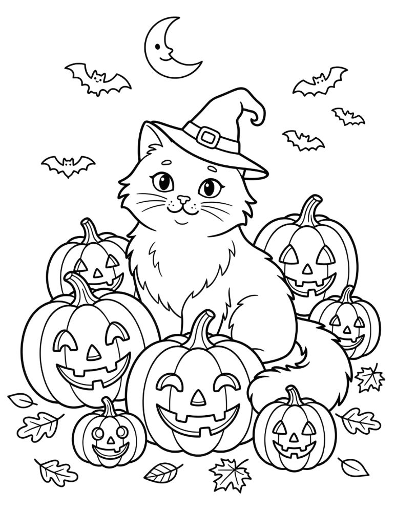 Cute Halloween cat wearing a witch hat sitting among pumpkins with bats and a crescent moon, black and white coloring page