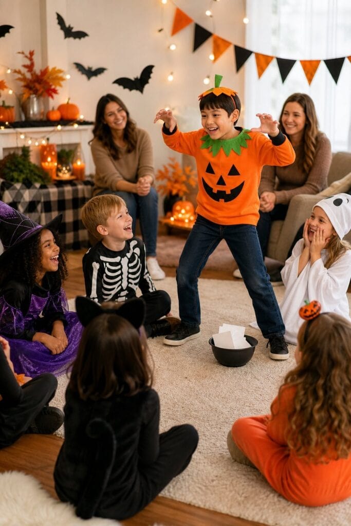 Children laugh and play Halloween charades together at a decorated indoor party.