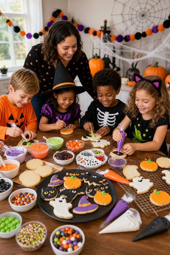 Children decorate Halloween-shaped cookies at a festive party table with icing, sprinkles, and candy decorations.