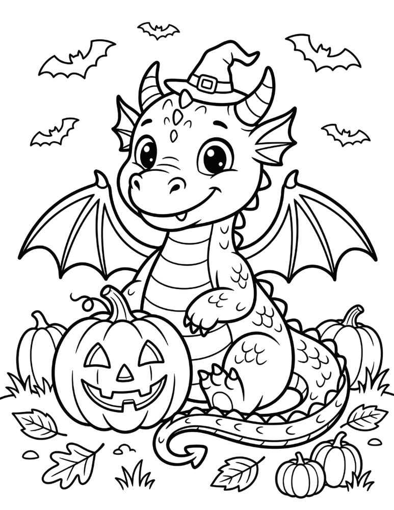 Cute Halloween dragon wearing a witch hat sitting beside a jack-o'-lantern with bats flying around it, black and white coloring page