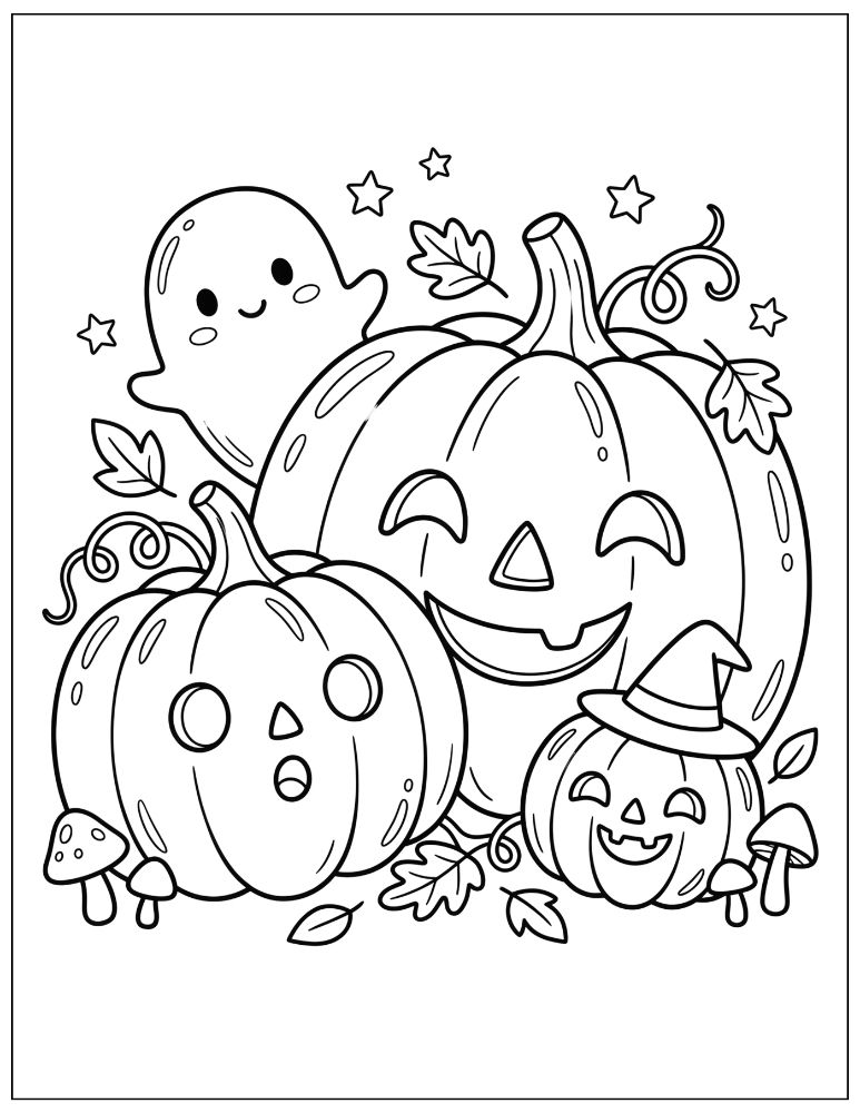 Halloween pumpkin family featuring three jack-o'-lanterns with different expressions, including a small pumpkin wearing a witch hat, with a friendly ghost, vines, leaves, and mushrooms, black and white coloring page.