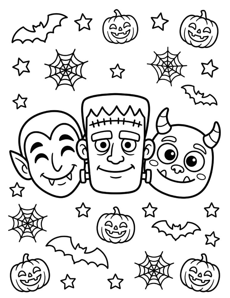 Collection of cute Halloween monster masks featuring vampire, Frankenstein, and friendly monster faces, black and white coloring page