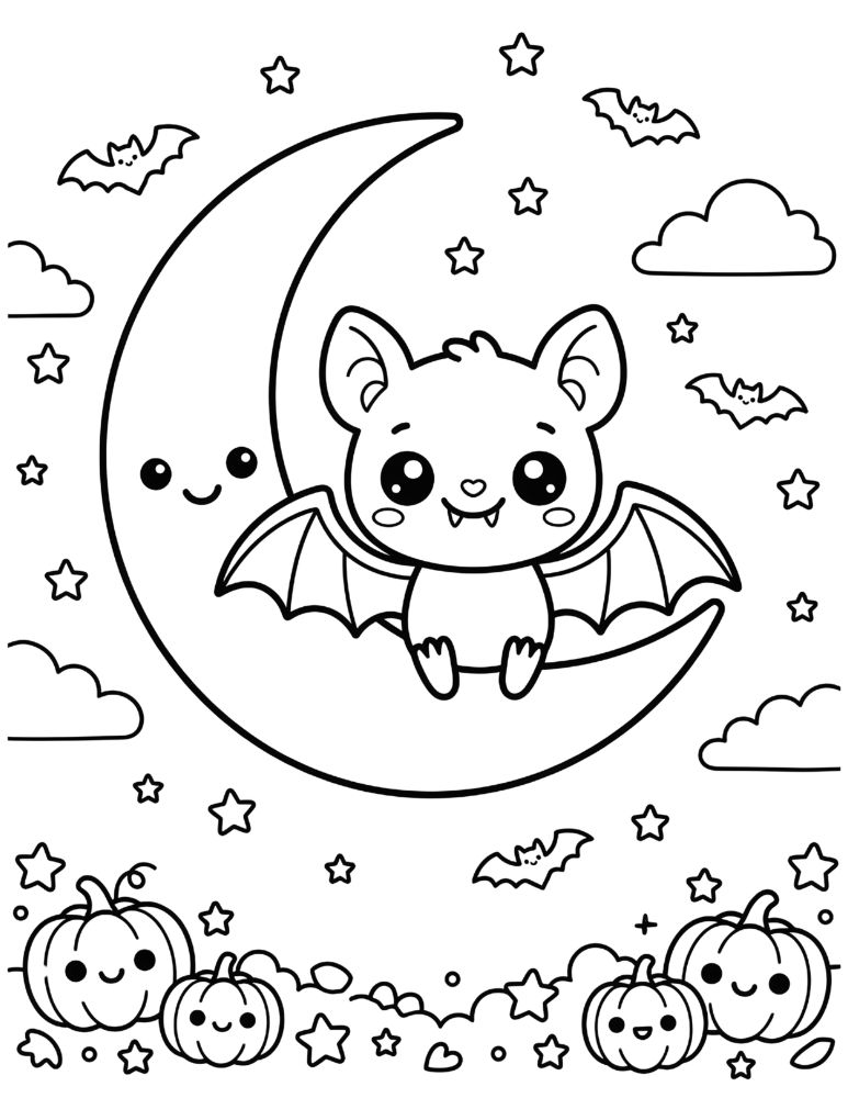 Cute kawaii Halloween bat sitting on a crescent moon surrounded by stars, clouds, and tiny bats, black and white coloring page