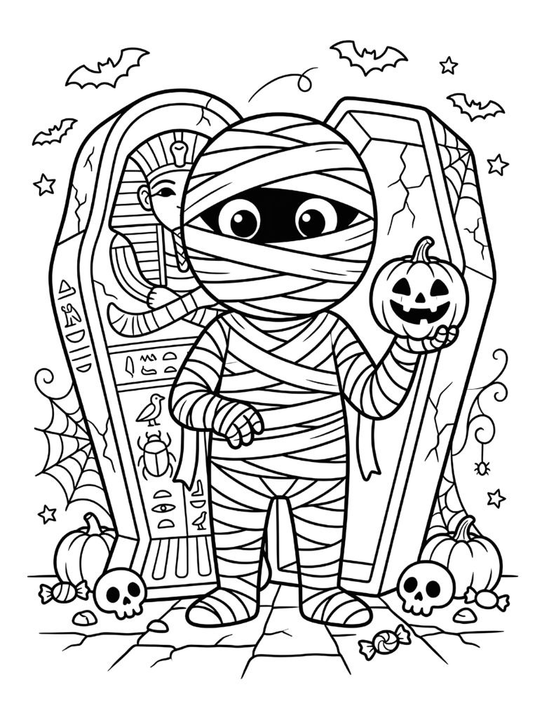 Cute Halloween mummy emerging from a sarcophagus while holding a jack-o'-lantern, black and white coloring page