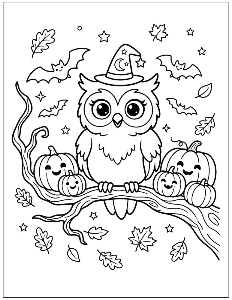 Cute Halloween owl wearing a witch hat perched on a crooked tree branch with pumpkins, bats, stars, and autumn leaves, black and white coloring page