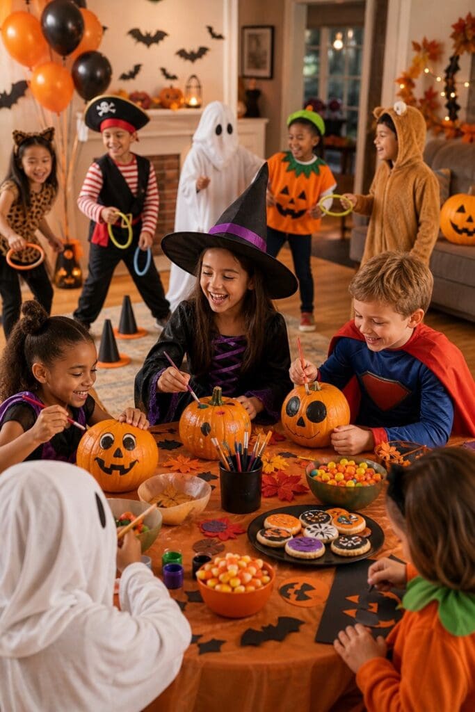 Children in Halloween costumes enjoy crafts, treats, games, and festive decorations at a cheerful party.