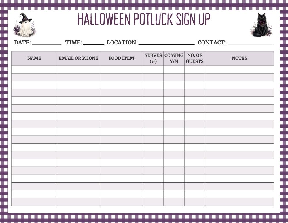 Halloween Potluck Sign-Up Sheet 8