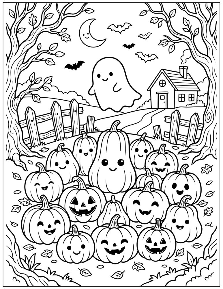Halloween pumpkin patch filled with pumpkins and jack-o'-lanterns, friendly ghost, farmhouse, crooked trees, crescent moon, and bats, black and white coloring page