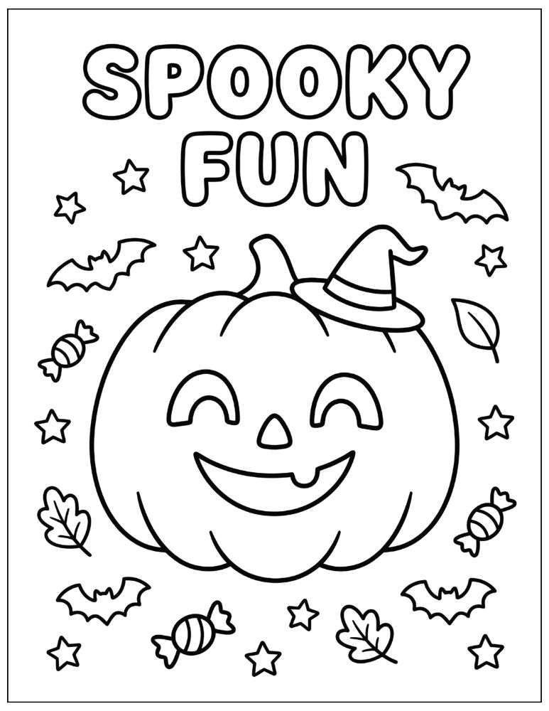 Friendly Halloween jack-o-lantern surrounded by candy, pumpkins, bats, stars, and autumn leaves with Spooky Fun bubble text, black and white coloring page.