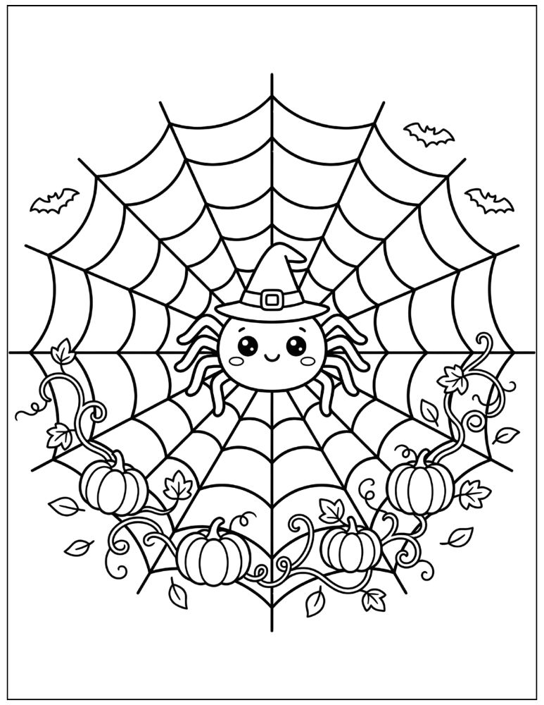 Cute Halloween spider wearing a witch hat sitting in the center of a large spider web with pumpkins and autumn leaves, black and white coloring page