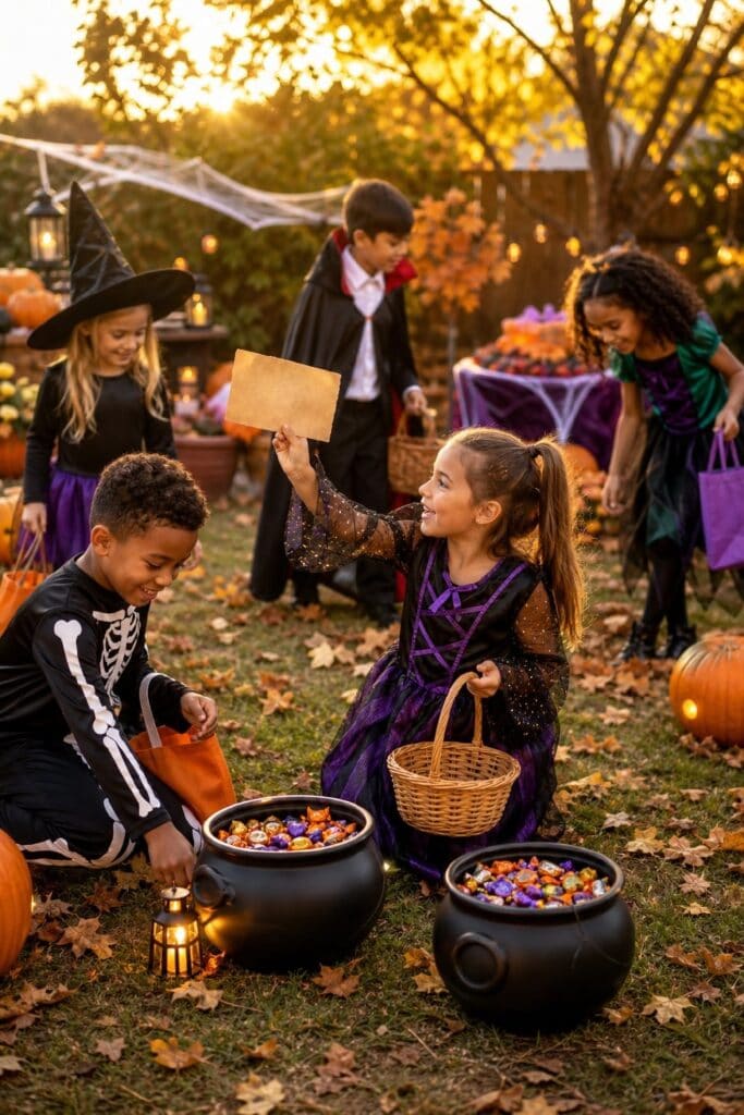 Children search for Halloween treasure beside candy-filled cauldrons in a decorated backyard.