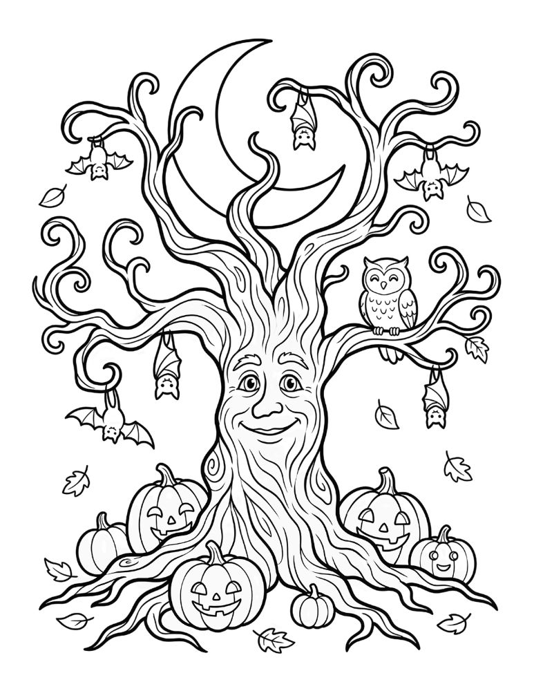 Spooky Halloween tree with twisted branches, pumpkins, bats, owl, and autumn leaves, black and white coloring page