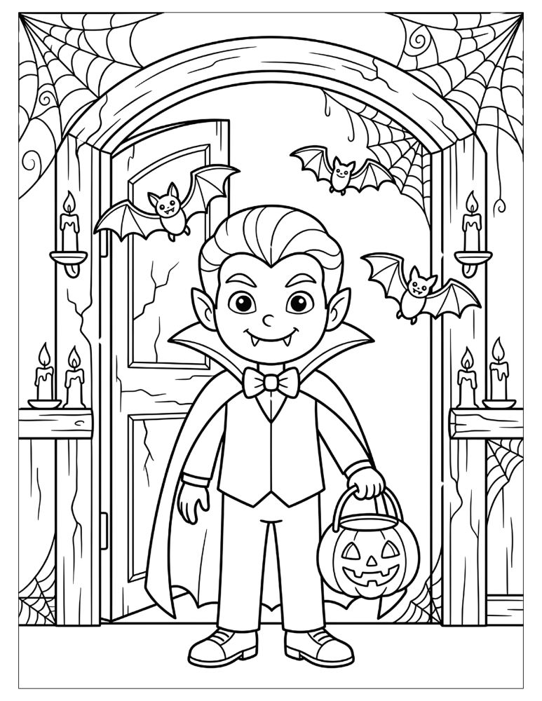 Cute Halloween vampire wearing a cape and holding a pumpkin treat bucket with bats around him, black and white coloring page
