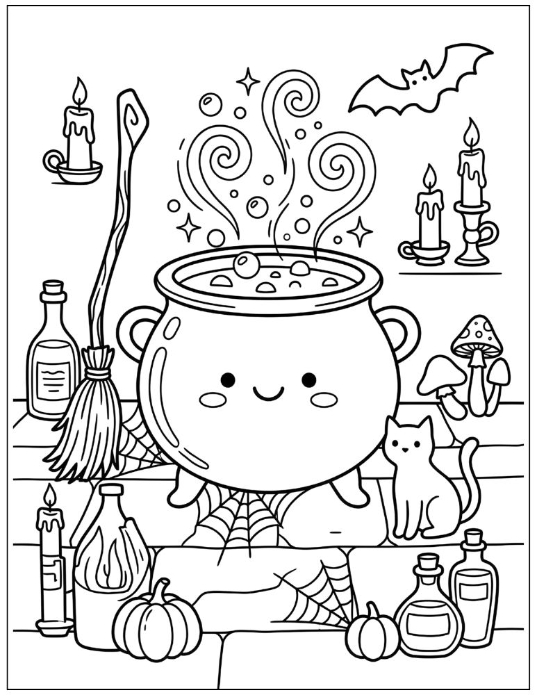 Halloween witch's cauldron bubbling with magical potion surrounded by potion bottles, candles, pumpkins, mushrooms, broom, and bats, black and white coloring page
