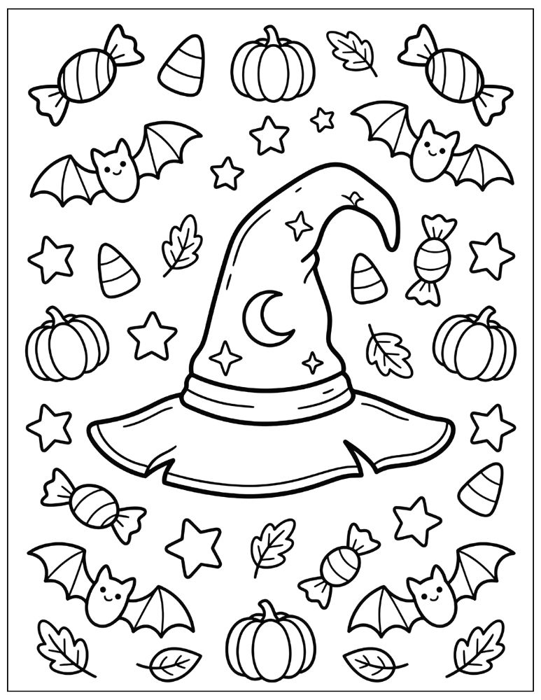 Whimsical Halloween witch hat surrounded by candy, candy corn, pumpkins, bats, stars, autumn leaves, and a crescent moon, black and white coloring page.