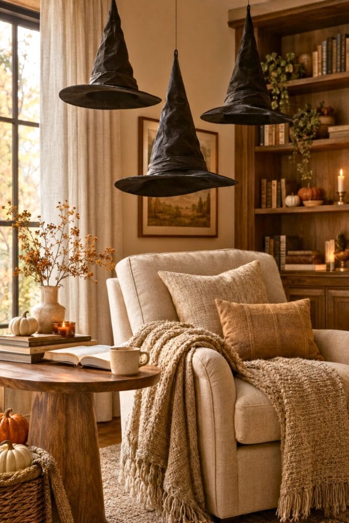 A black witch hat hangs above a cozy neutral-toned reading nook with a chair, side table, books, and subtle seasonal decorations.