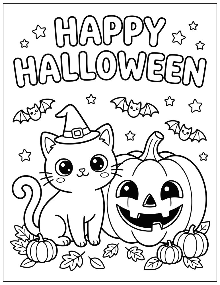 Cute Halloween black cat wearing a witch hat beside pumpkins with bats, stars, autumn leaves, and Happy Halloween bubble text, black and white coloring page.