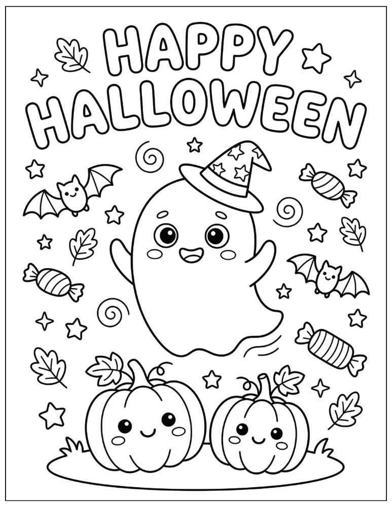 Cute Halloween ghost wearing a witch hat surrounded by pumpkins, bats, stars, and candy with Happy Halloween bubble text, black and white coloring page.