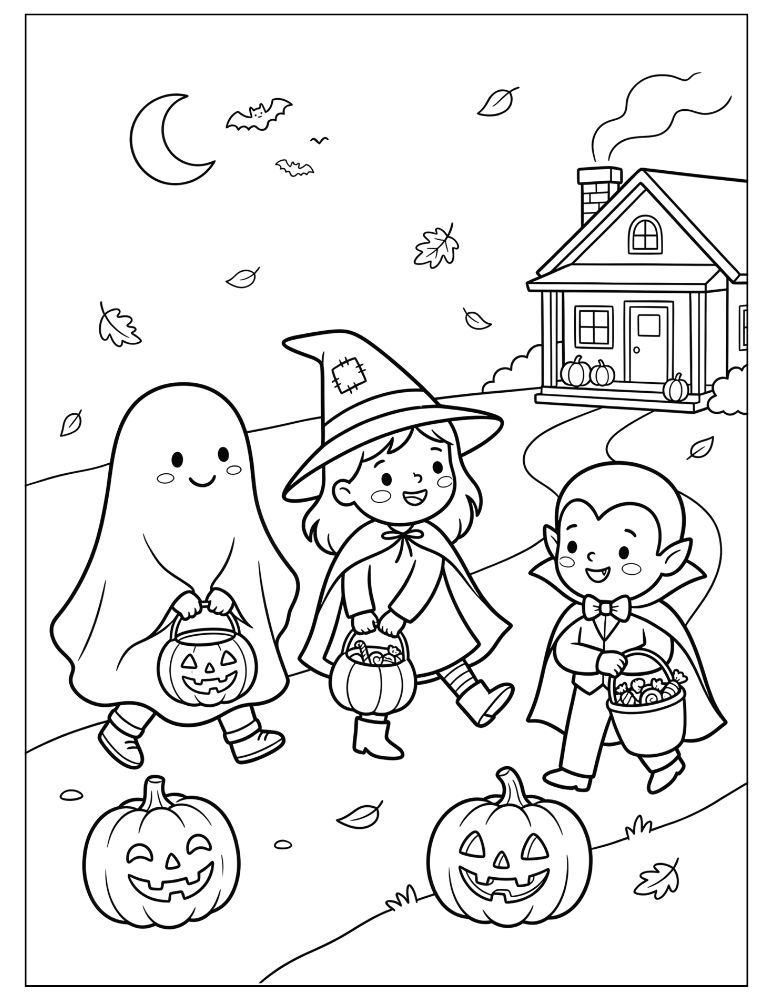 Three happy children dressed as a ghost, witch, and vampire carrying trick-or-treat buckets near a Halloween-decorated house with pumpkins, autumn leaves, and bats, black and white coloring page.