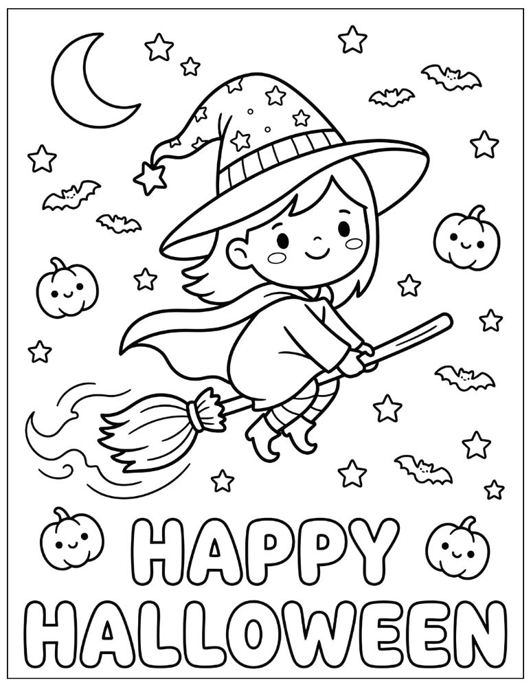 Cute Halloween witch flying on a broomstick with crescent moon, stars, bats, floating pumpkins, and Happy Halloween bubble text, black and white coloring page.