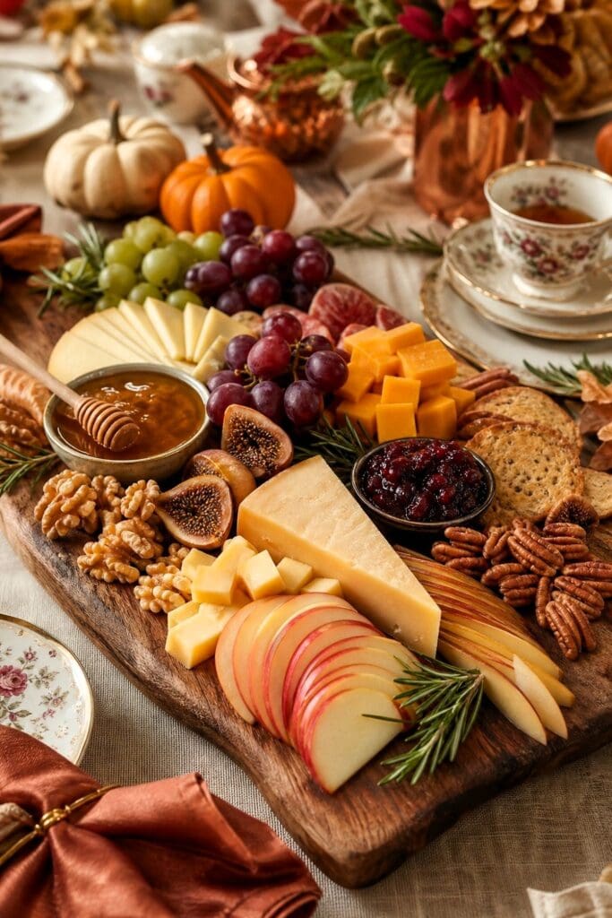 A harvest charcuterie board with apples, cheddar cheese, crackers, fruit, nuts, and autumn decorations on a dining table.