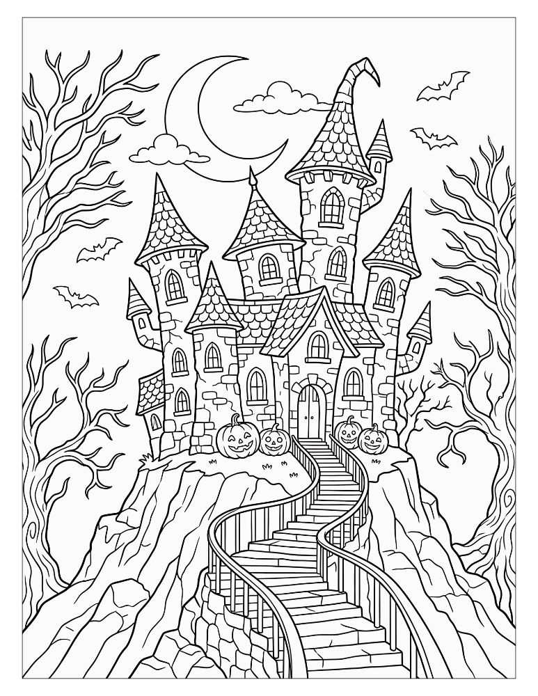Haunted Halloween castle with crooked towers, crescent moon, bats, pumpkins, and winding stone staircase, black and white coloring page