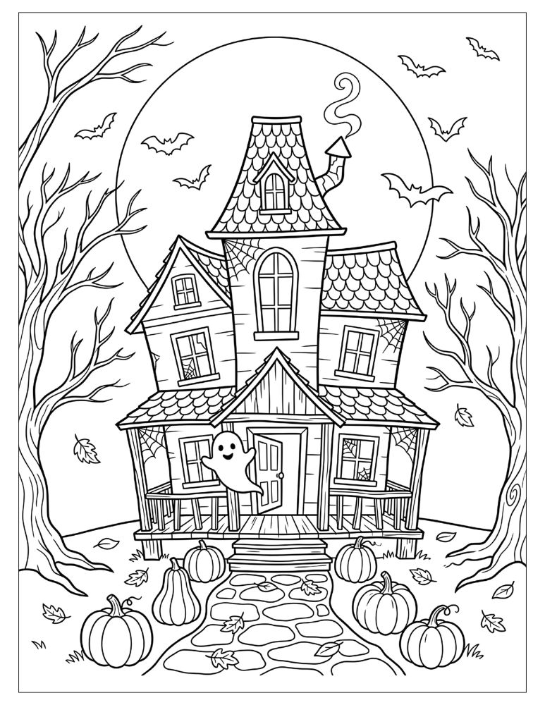 Spooky haunted house with crooked windows, pumpkins, bats, ghost, twisted trees, and full moon, black and white coloring page