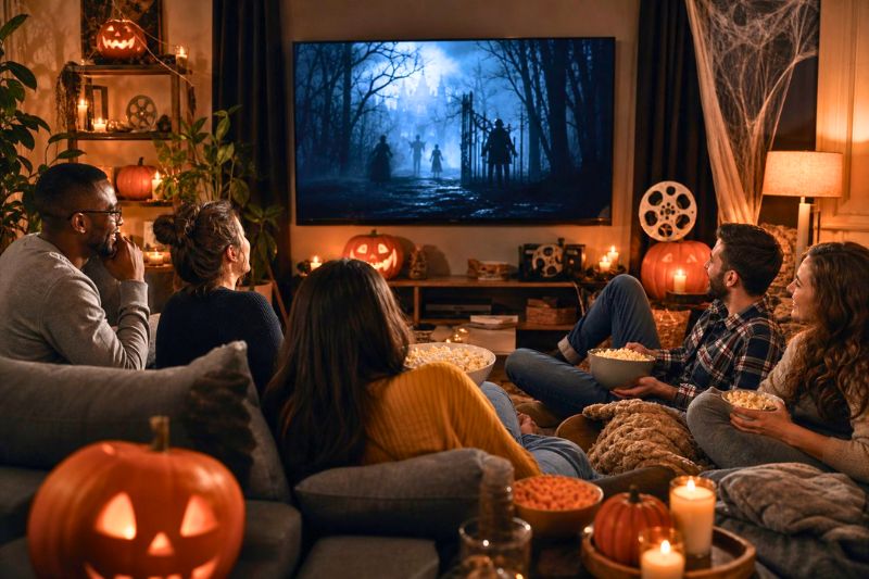 Friends gather in a decorated living room to watch a scary movie during a Halloween party.