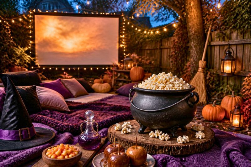 A cozy autumn backyard set up for a witchy-vibes movie night party with purple blankets, pumpkins, string lights, a witch cauldron filled with popcorn, a bowl of candy corn, caramel apples, and an outdoor screen.