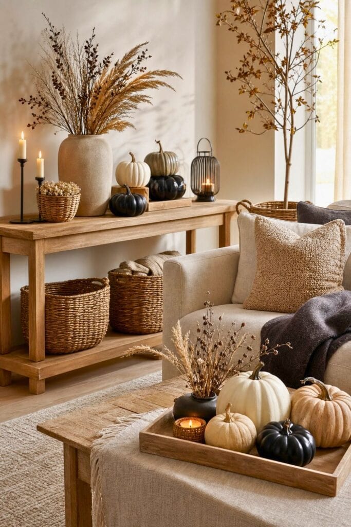 A warmly lit living room decorated for Halloween with neutral pumpkins, dried grasses, candles, and natural textures.