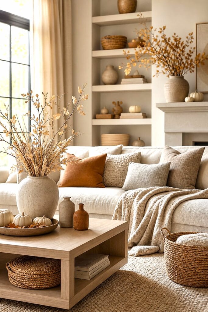 A warmly lit living room decorated with cream, beige, brown, and muted terracotta autumn accents.