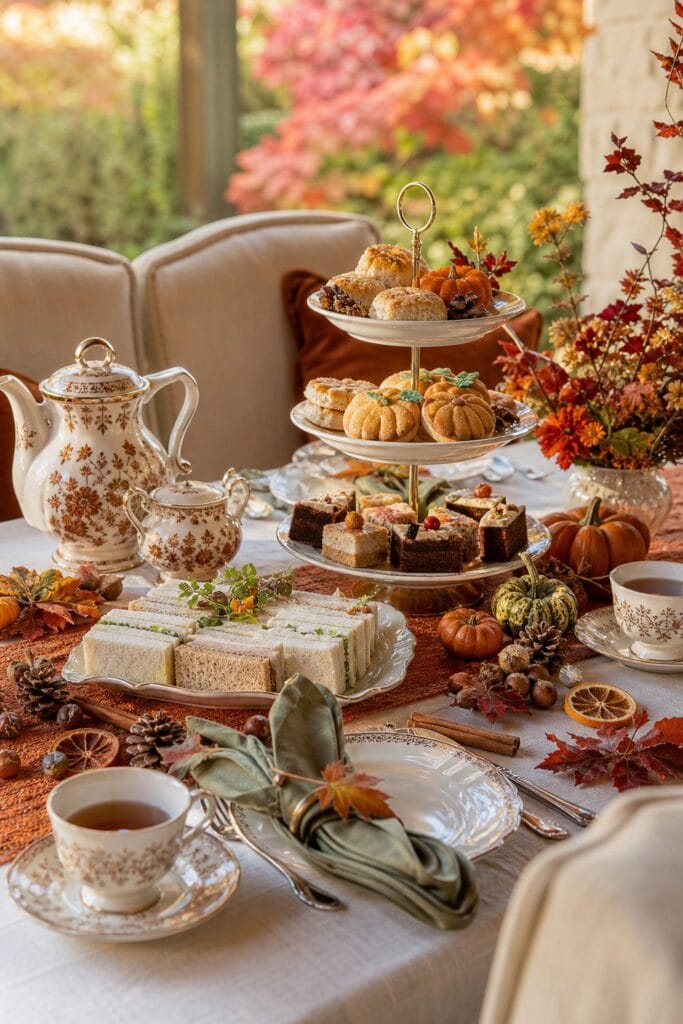 An elegant autumn tea party table set with tea service, pastries, sandwiches, pumpkins, and colorful fall leaves.