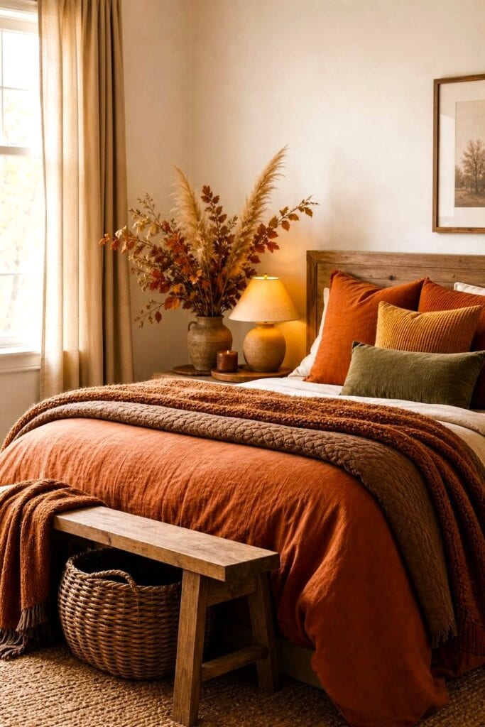 A cozy bedroom decorated in warm autumn colors with layered bedding, dried foliage, and soft lighting.