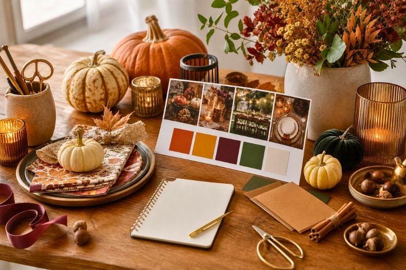 An autumn party planning table decorated with pumpkins, leaves, candles, color swatches, and blank party supplies.
