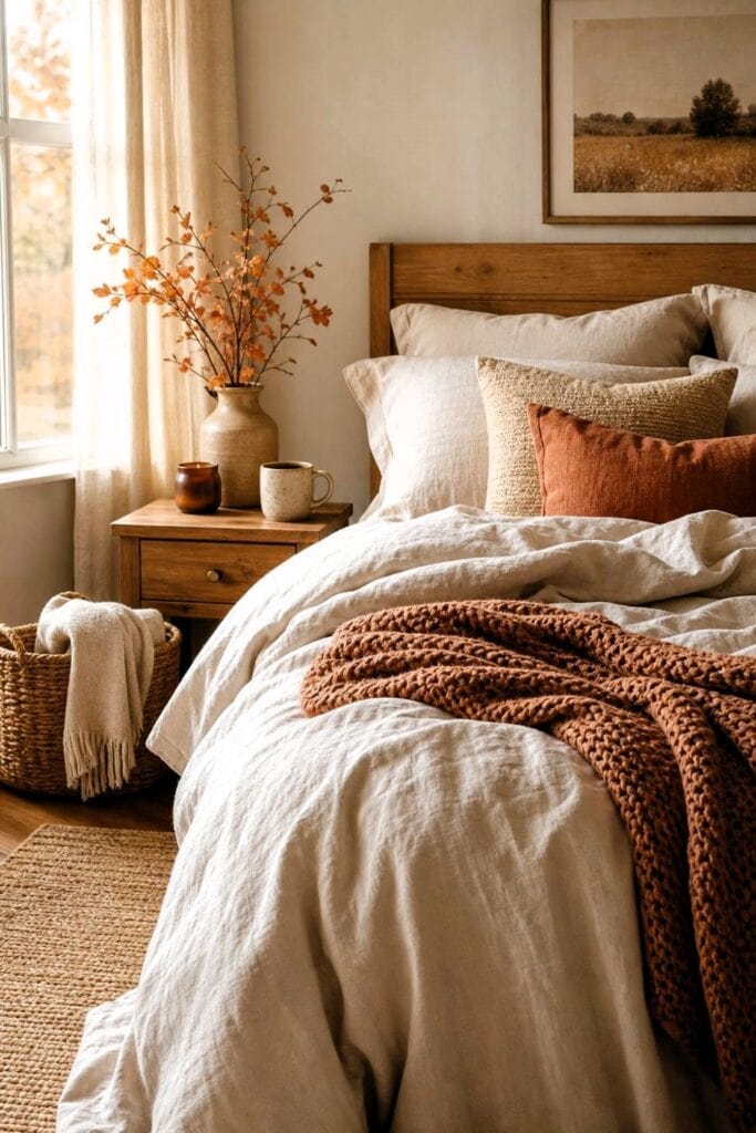 A warmly lit bedroom with layered neutral bedding, autumn-colored accents, a knit throw, and dried branches.