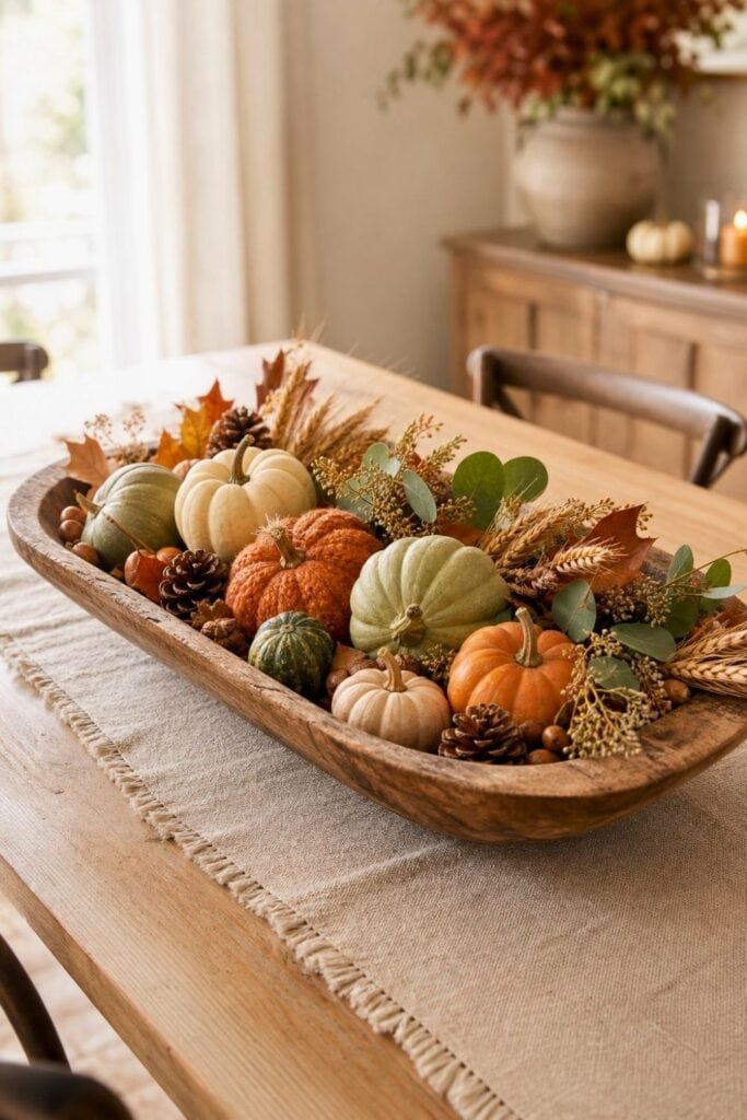 A wooden bowl filled with pumpkins, pinecones, leaves, and autumn branches on a dining table.