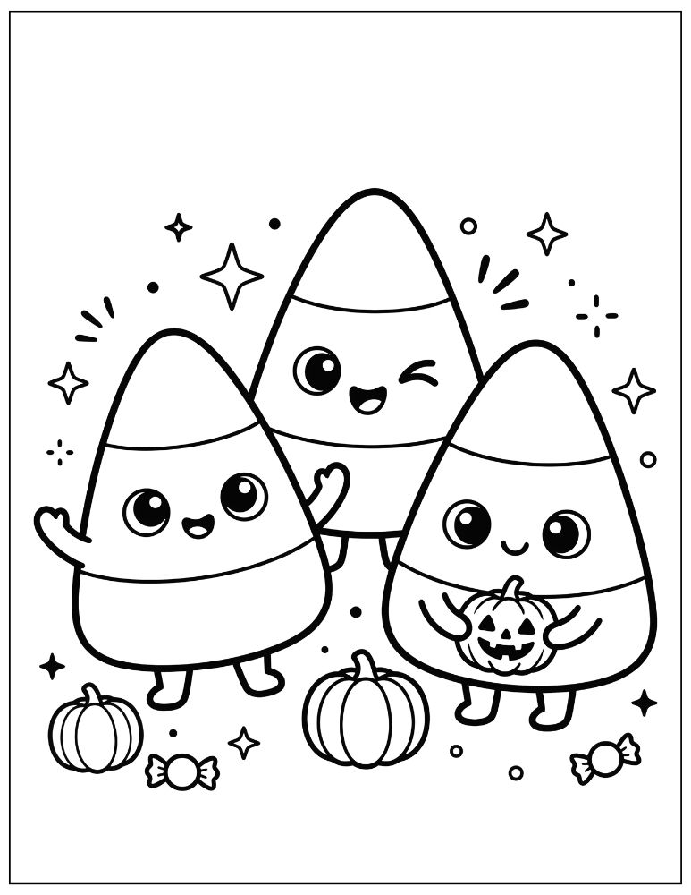 Three cute kawaii candy corn characters with smiling and winking faces, one holding a pumpkin, surrounded by wrapped candies, stars, and mini pumpkins, black and white coloring page.