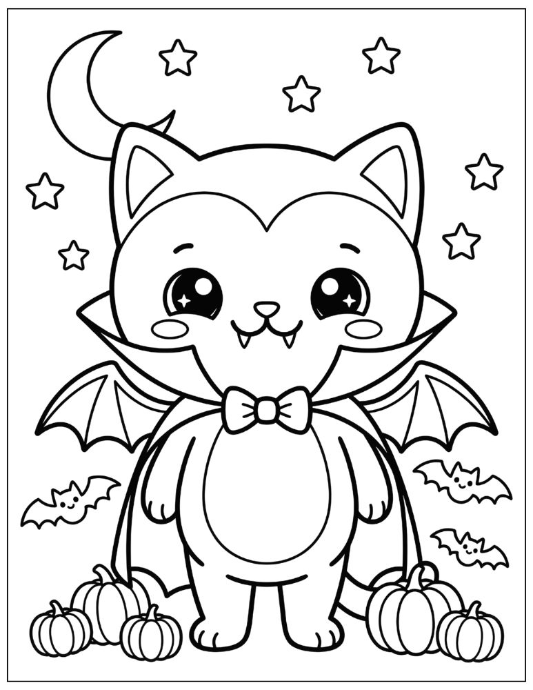 Cute kawaii vampire cat with tiny fangs, cape, bat wings, pumpkins, bats, and crescent moon, black and white coloring page.