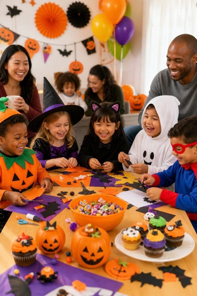 Children in friendly Halloween costumes enjoy a cheerful party with crafts, treats, and colorful decorations.